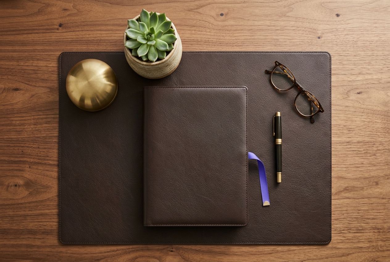 Portfolio en cuir, lunettes, stylo et succulente sur bureau professionnel