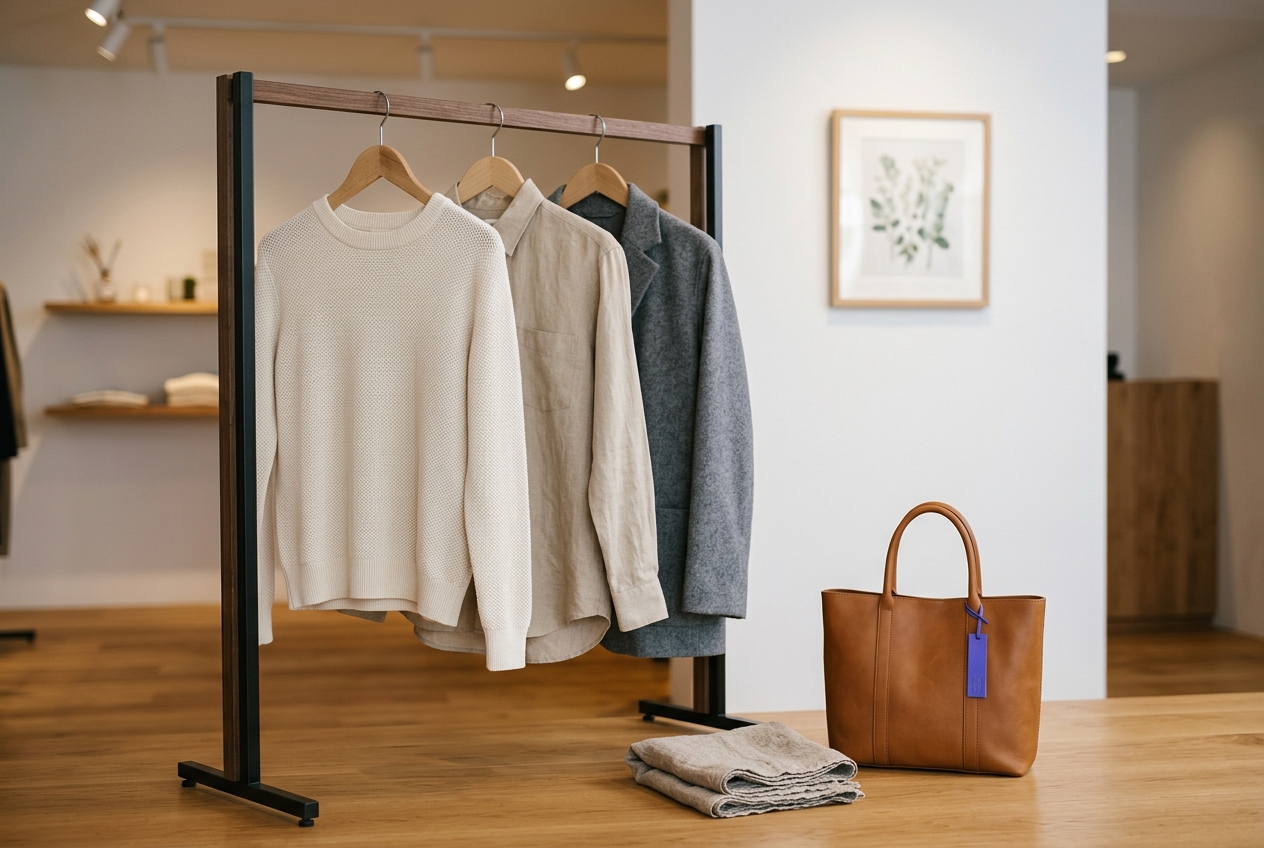 Portant à vêtements minimaliste dans une boutique prêt-à-porter