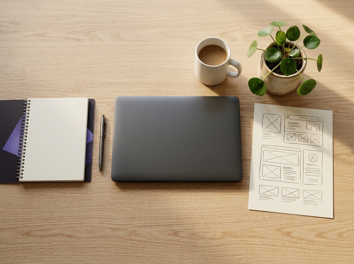 Bureau de travail : carnet, ordinateur, café, plante et wireframes
